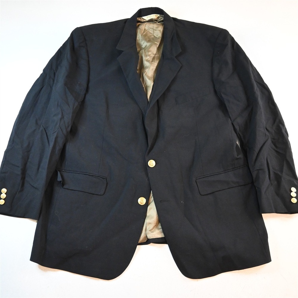 Vtg USA Made 48L Black 100% Wool Gold Button Mens Blazer Suit Jacket Sport Coat